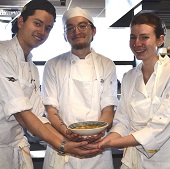Food and Hospitality Management students Gabe Thayer, Zach Kaczor and Naomi Bass after finishing their tomato soup.